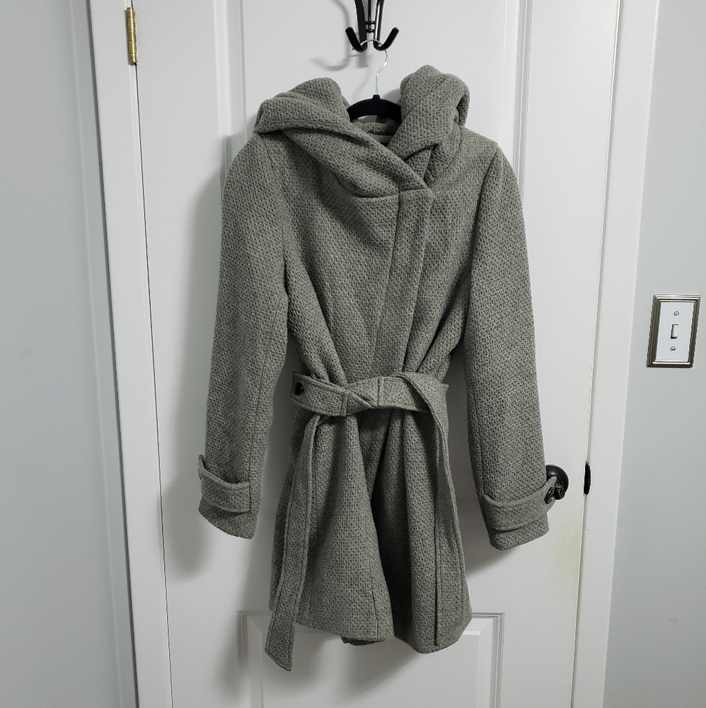STEVE MADDEN Grey Wool Belted Hooded Coat